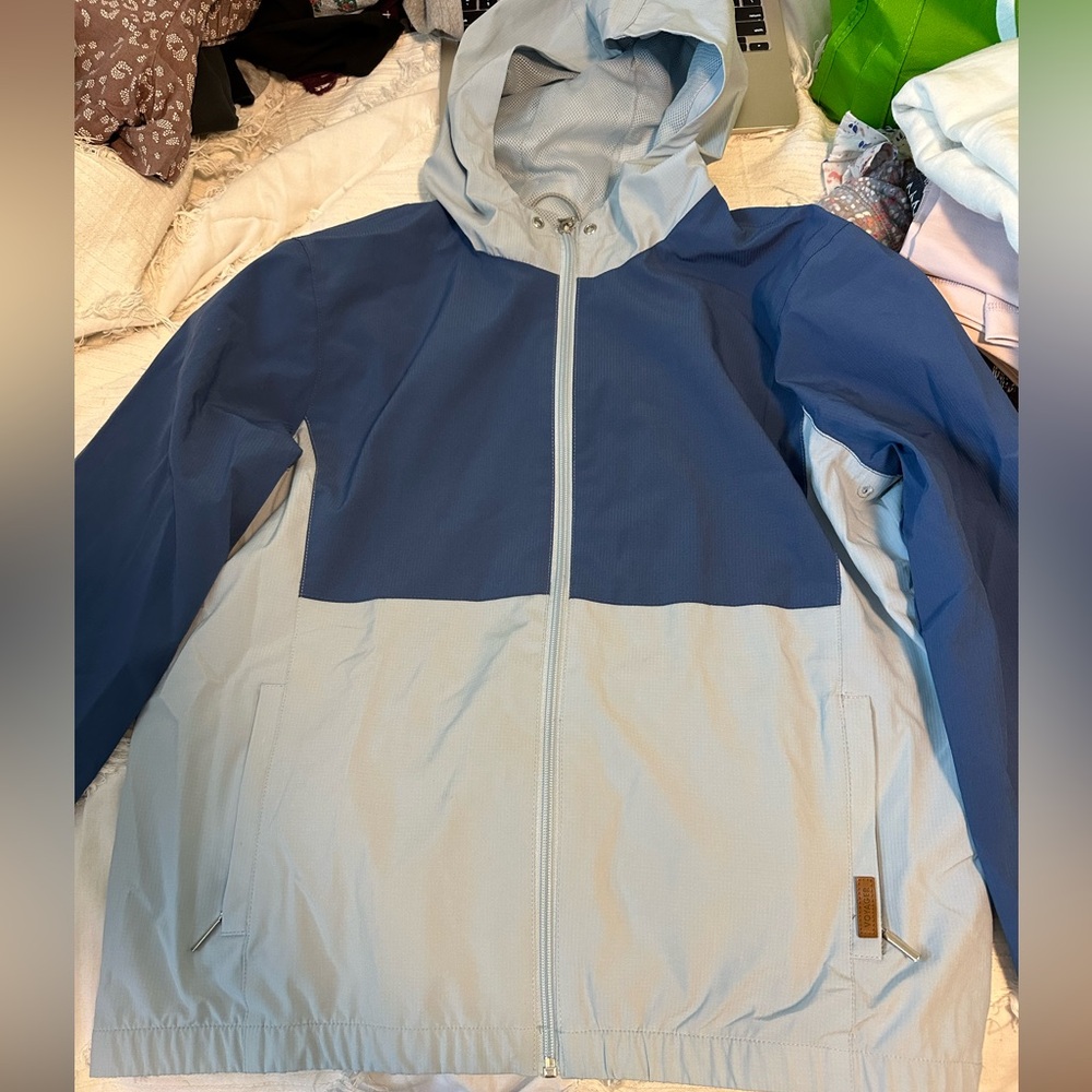 Voyager brand rain jacket. Women’s size small. Light blue and dark blue.